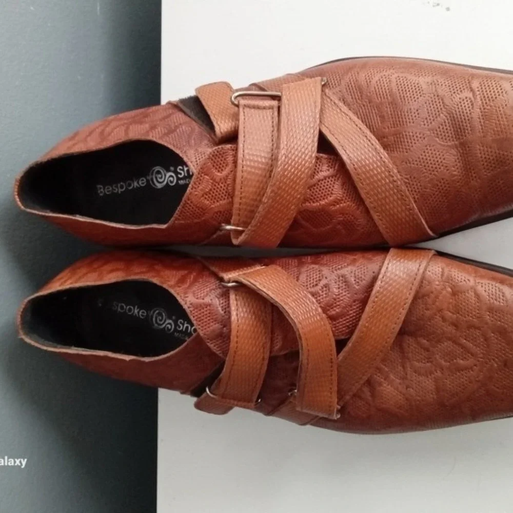 Bespoke Shoes Men Brown Leather Embossed Monk Strap Dress Formal Size‎